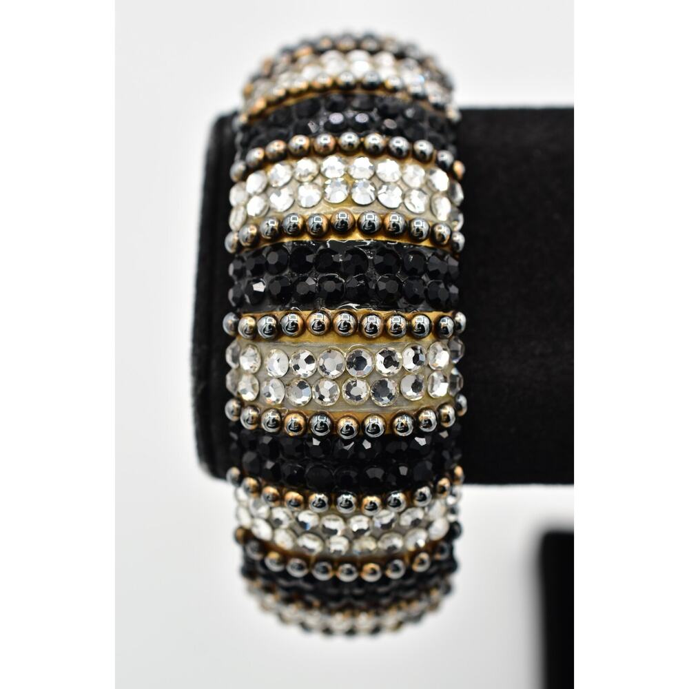 Richard Kerr Vintage Crystal Bangle Bracelet Black White Chunky Signed 80s Bin4